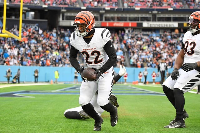 Dec 15, 2024; Nashville, Tennessee, USA;  Cincinnati Bengals safety Geno Stone (22) celebrates his touchdown against the Tennessee Titans during the second half at Nissan Stadium. Mandatory Credit: Steve Roberts-Imagn Images/File Photo