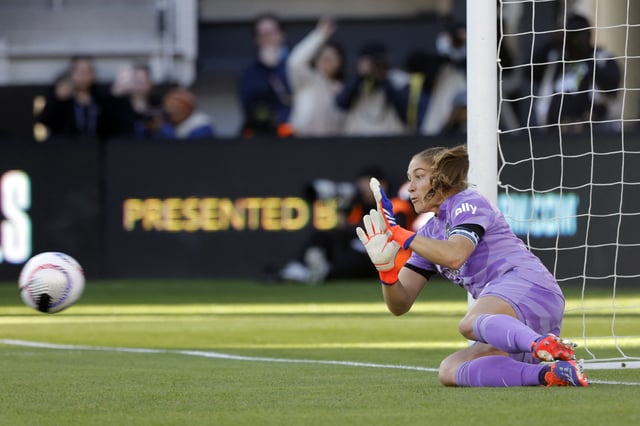 Nov 16, 2024; Washington, District of Columbia, USA; Washington Spirit goalkeeper Aubrey Kingsbury (1) makes a save against NJ/NY Gotham FC in a penalty kick shoot out in a 2024 NWSL Playoffs semifinal match at Audi Field. Mandatory Credit: Amber Searls-Imagn Images/File Photo