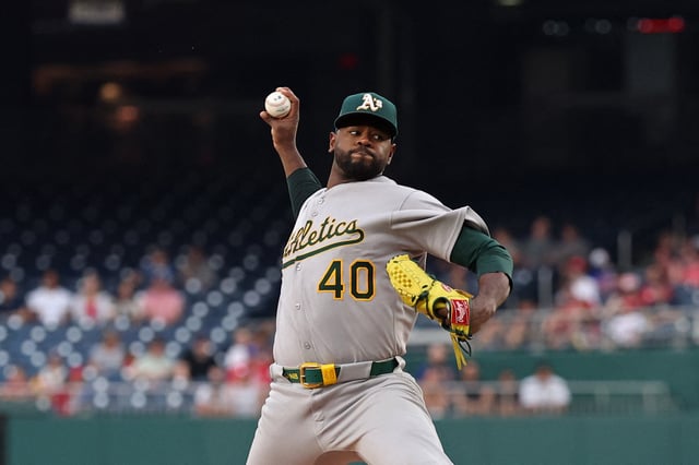 Aug 5, 2025; Washington, District of Columbia, USA; Athletics starting pitcher Luis Severino (40) pitches against the Washington Nationals during the first inning at Nationals Park. Mandatory Credit: Geoff Burke-Imagn Images/File Photo