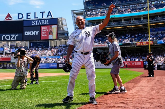 Former reliever Mariano Rivera enters the Yankees Old-Timers&#39; Day ceremony on Saturday, Aug. 9, 2025, in New York. (Yuki Iwamura/AP)
