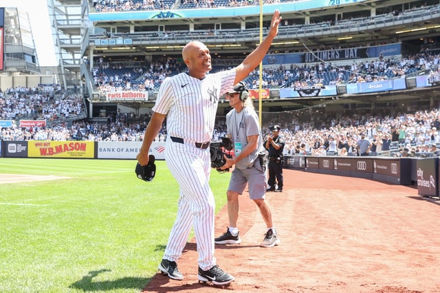 Aug 9, 2025; Bronx, New York, USA;  Former New York Yankees pitcher Mariano Rivera at Old Timer’s Day at Yankee Stadium. Mandatory Credit: Wendell Cruz-Imagn Images