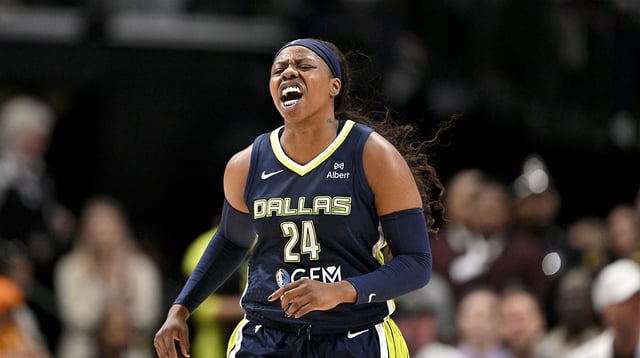 Jun 27, 2025; Dallas, Texas, USA; Dallas Wings guard Arike Ogunbowale (24) in action during the game between the Dallas Wings and the Indiana Fever at the American Airlines Center. Mandatory Credit: Jerome Miron-Imagn Images