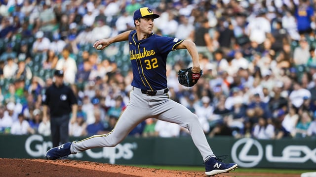 Jul 22, 2025; Seattle, Washington, USA; Milwaukee Brewers starting pitcher Jacob Misiorowski (32) throws against the Seattle Mariners during the third inning at T-Mobile Park. Mandatory Credit: Joe Nicholson-Imagn Images