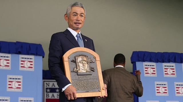 Jul 27, 2025; Cooperstown, NY, USA; Hall of Fame inductee Ichiro Suzuki poses with his Hall of Fame plaque after the Baseball Hall of Fame Induction Ceremony at the Clark Sports Center. Mandatory Credit: Gregory Fisher-Imagn Images