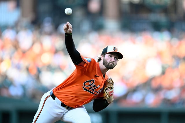 Baltimore Orioles pitcher Brandon Young throws during the first inning of a baseball game against the Athletics, Saturday, Aug. 9, 2025, in Baltimore. (AP Photo/Nick Wass)