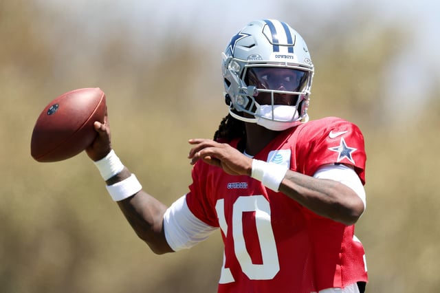 Joe Milton III #10 of the Dallas Cowboys throws a pass during Day 12 of Dallas Cowboys Training Camp at Staybridge Suites Oxnard on August 07, 2025 in Oxnard, California.
