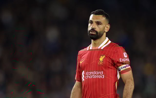 Mohamed Salah of Liverpool looks on during the Premier League match between Brighton & Hove Albion FC and Liverpool FC at Amex Stadium on May 19, 2025 in Brighton, England.