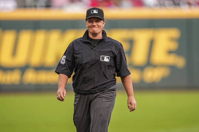 Aug 9, 2025; Cumberland, Georgia, USA; Umpire Jen Pawol (95) shown on the field during the game between the Atlanta Braves against the Miami Marlins at Truist Park. Mandatory Credit: Dale Zanine-Imagn Images