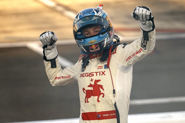 Connor Zilisch, driver of the #88 Registix Chevrolet, celebrates after winning the NASCAR Xfinity Series Mission 200 at The Glen at Watkins Glen International on August 09, 2025 in Watkins Glen, New York.
