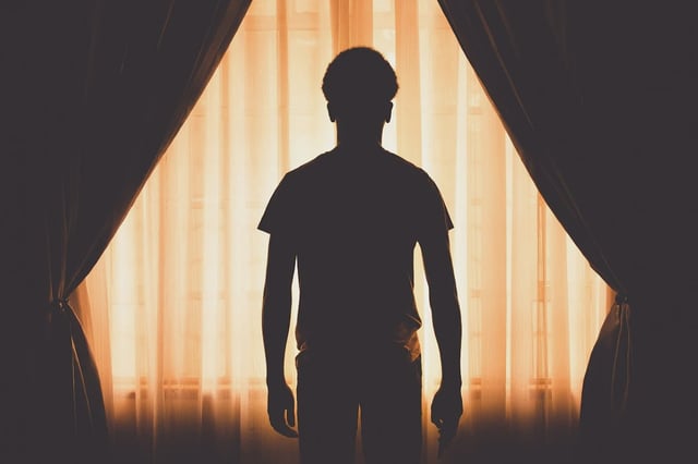 Silhouette of a man standing in front of a softly lit curtain, framed by dark drapes on both sides.