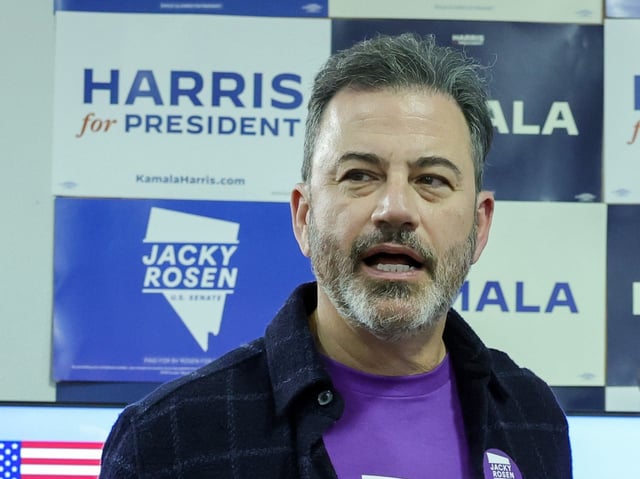 LAS VEGAS, NEVADA - OCTOBER 21: Jimmy Kimmel (L) and U.S. Sen. Jacky Rosen (D-NV) they thank volunteer workers at a Democratic coordinated campaign canvass launch on October 21, 2024 in Las Vegas, Nevada. Rosen is campaigning for reelection against Republican U.S. Senate candidate Sam Brown. (Photo by Ethan Miller/Getty Images)