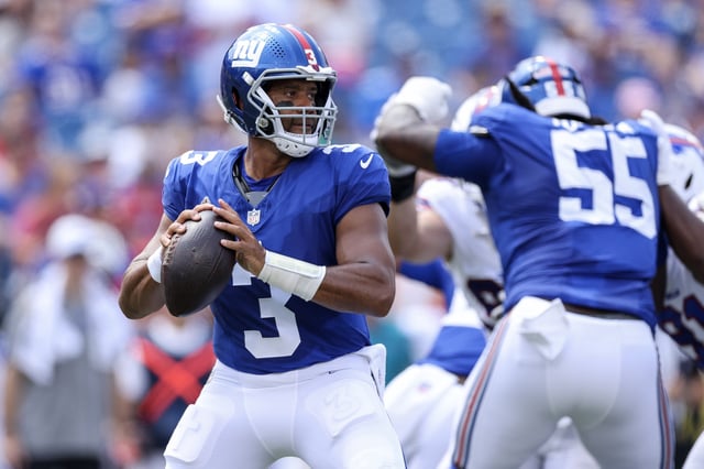 Russell Wilson #3 of the New York Giants looks to throw a pass during the first quarter of an NFL Preseason 2025 game between New York Giants and Buffalo Bills at Highmark Stadium on August 09, 2025 in Orchard Park, New York.