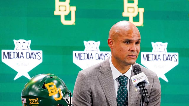 Jul 8, 2025; Frisco, TX, USA; Baylor head coach Dave Aranda addresses the media during 2025 Big 12 Football Media Days at The Star. Mandatory Credit: Raymond Carlin III-Imagn Images
