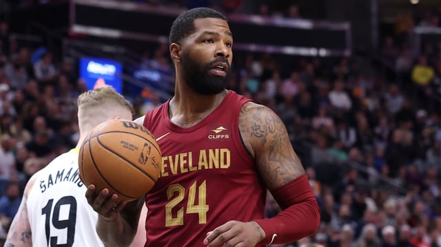 Apr 2, 2024; Salt Lake City, Utah, USA; Cleveland Cavaliers forward Marcus Morris Sr. (24) reacts to a call against the Utah Jazz during the third quarter at Delta Center. Mandatory Credit: Rob Gray-Imagn Images