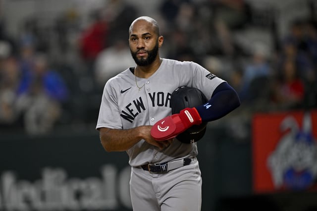 Aug 4, 2025; Arlington, Texas, USA; New York Yankees right fielder Amed Rosario (14) during the game between the Texas Rangers and the New York Yankees at Globe Life Field. Mandatory Credit: Jerome Miron-Imagn Images/File Photo