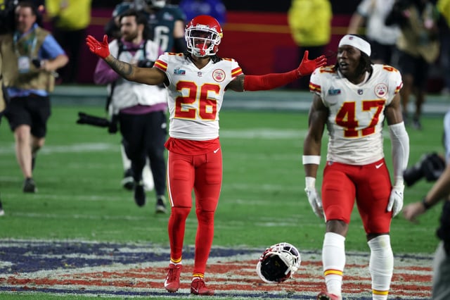 Feb 12, 2023; Glendale, Arizona, US; Kansas City Chiefs safety Deon Bush (26) celebrates after defeating the Philadelphia Eagles in Super Bowl LVII at State Farm Stadium. Mandatory Credit: Bill Streicher-USA TODAY Sports/File Photo