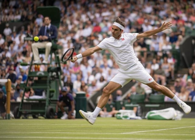 Roger Federer (SUI) playing against Richard Gasquet (FRA) in the second round of the Gentlemen's Singles on Centre Court at The Championships 2021. Held at The All England Lawn Tennis Club, Wimbledon. Day 4 Thursday 01/07/2021. Credit: AELTC/Ben Solomon