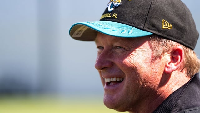 Former NFL Coache Jon Gruden have a laugh while attending an NFL training camp session ten at the Miller Electric Center, Tuesday, Aug. 5, 2025, in Jacksonville, Fla. [Doug Engle/Florida Times-Union]

Doug Engle/Florida Times-Union / USA TODAY NETWORK via Imagn Images