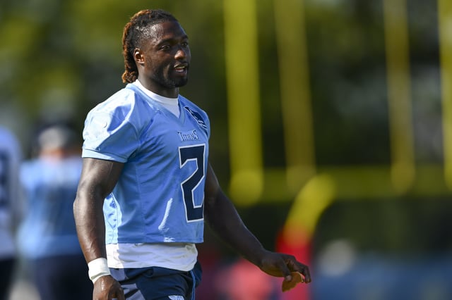 Jul 24, 2025; Nashville, TN, USA;  Tennessee Titans running back Tyjae Spears (2) talking during training camp at Ascension Saint Thomas Sports Park. Mandatory Credit: Steve Roberts-Imagn Images/File Photo