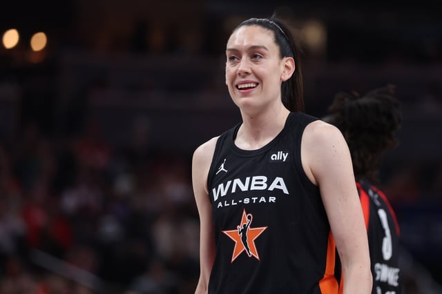 Jul 19, 2025; Indianapolis, IN, USA; Team Collier forward Breanna Stewart (30) reacts in the fourth quarter against Team Clark during the 2025 WNBA All Star Game at Gainbridge Fieldhouse. Mandatory Credit: Trevor Ruszkowski-Imagn Images/File Photo