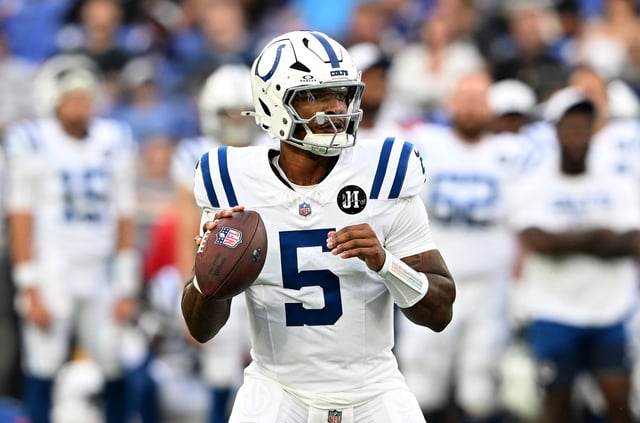 Anthony Richardson Sr. #5 of the Indianapolis Colts drops back to pass against the Baltimore Ravens during the NFL Preseason 2025 game at M&amp;T Bank Stadium on August 07, 2025 in Baltimore, Maryland.