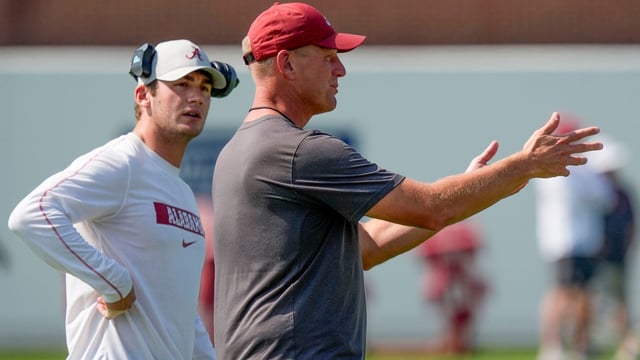 July 31, 2025; Tuscaloosa, AL, USA; Head coach Kalen Deboer gives directions during the second practice session of the preseason for the Alabama Crimson Tide.