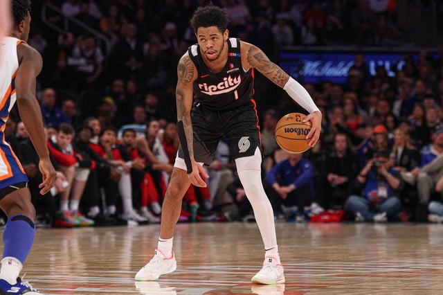Mar 30, 2025; New York, New York, USA; Portland Trail Blazers guard Anfernee Simons (1) dribbles during the first half against the New York Knicks at Madison Square Garden. Mandatory Credit: Vincent Carchietta-Imagn Images/File Photo