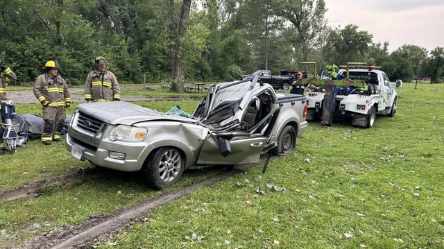 A woman was killed and a man critically injured after a tree fell onto their truck during Saturday&#39;s storm in Waterloo, Nebraska, August 9, 2025. (Waterloo Volunteer Fire Department/Facebook)