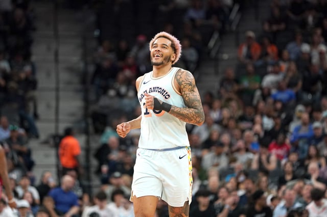 Mar 21, 2025; San Antonio, Texas, USA; San Antonio Spurs forward Jeremy Sochan (10) reacts during the fourth quarter against the Philadelphia 76ers at Frost Bank Center. Mandatory Credit: Dustin Safranek-Imagn Images/File Photo