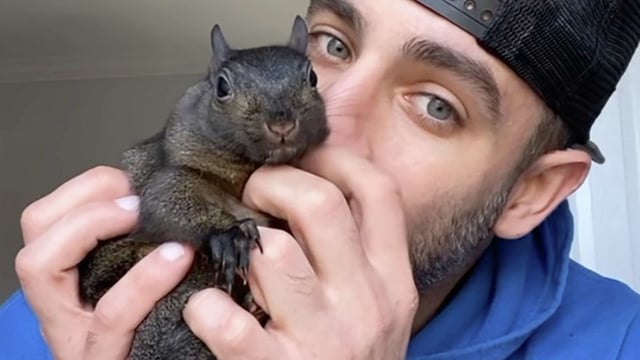 peanut the squirrel with his owner