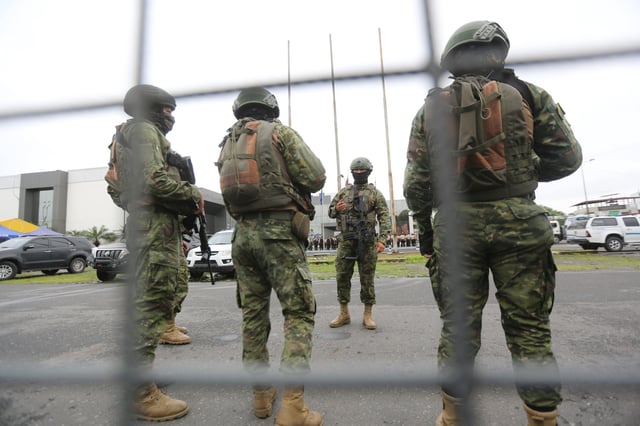 Military personnel patrols the streets during an operation against gangs and violence on February 9, 2024 in Los Rios, Ecuador.