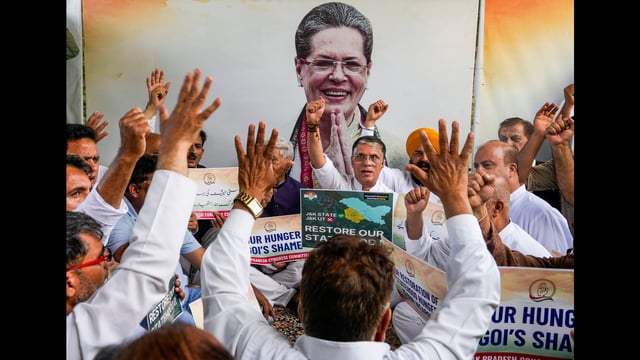 Congress leader Pawan Khera during a chain hunger strike called by the party’s Jammu and Kashmir unit, in Srinagar, on Sunday. (PTI)