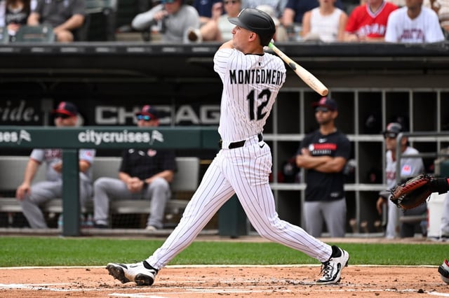 Chicago White Sox&#39;s Colson Montgomery watches his home run during the first inning of a baseball game against the Cleveland Guardians, Sunday, Aug. 10, 2025, in Chicago. (AP Photo/Matt Marton)