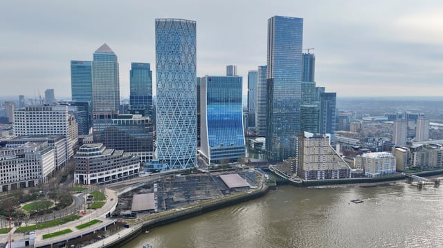 A drone view of London's Canary Wharf financial district, two days before the government presents its critical pre-election budget, in London, Britain, March 3, 2024. REUTERS/Yann Tessier/File Photo
