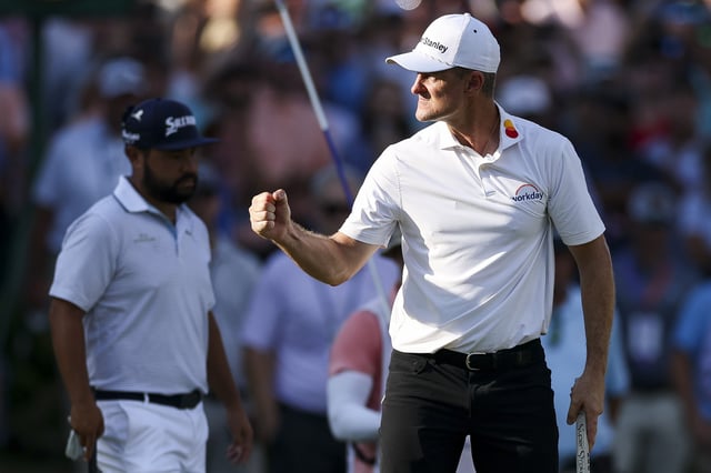 MEMPHIS, TENNESSEE - AUGUST 10: Justin Rose of England reacts after making a birdie on the 18th hole during a playoff against J.J. Spaun during the final round of the FedEx St. Jude Championship 2025 at TPC Southwind on August 10, 2025 in Memphis, Tennessee. (Photo by Andy Lyons/Getty Images)