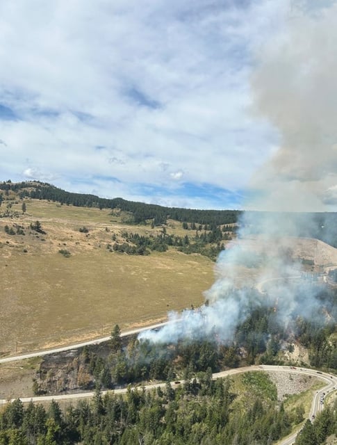 Smoke rises from the Daves Creek wildfire, designated K51474 by the BC Wildfire Service, near Kelowna, B.C., in a Sunday, Aug. 10, 2025, handout photo. THE CANADIAN PRESS/Handout — BCWS, (Mandatory Credit)