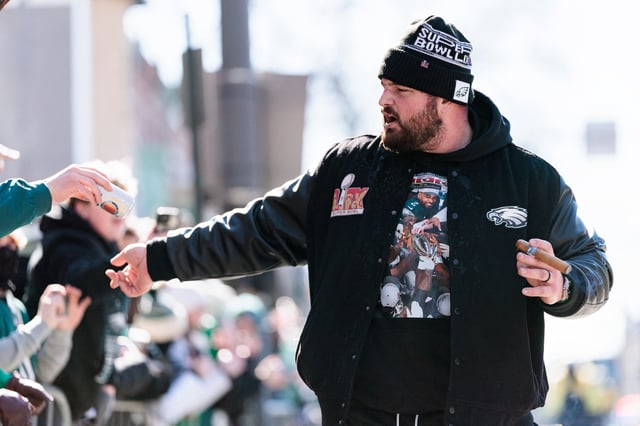 Feb 14, 2025; Philadelphia, PA, USA; Philadelphia Eagles guard Landon Dickerson (69) celebrates during the Super Bowl LIX championship parade and rally. Mandatory Credit: Caean Couto-Imagn Images/File Photo