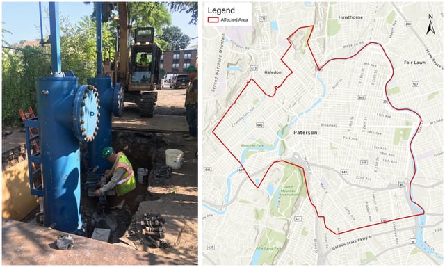 Crews (left) work to repair a broken water main in Passaic, NJ on Sunday. Much of the area is under a boil water advisory (right). (Instagram / Mayor Andre Sayegh;  Passaic Valley Water Commission)