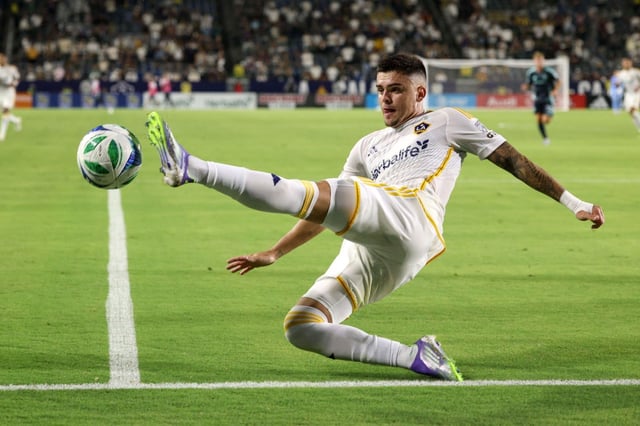 Galaxy forward Gabriel Pec dives for the ball against the Seattle Sounders FC during the first half of an MLS match at Dignity Health Sports Park in Carson, Calif. on Sunday, Aug. 10, 2025.  (Photo by Raul Romero Jr., Contributing Photographer)