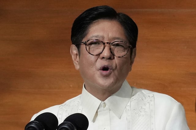 FILE - Philippine President Ferdinand Marcos Jr., delivers his State of the Nation Address at the House of Representatives in Quezon City, Philippines, on July 28, 2025. (AP Photo/Aaron Favila, File)