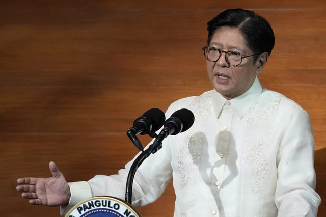 FILE - Philippine President Ferdinand Marcos Jr., delivers his State of the Nation Address at the House of Representatives in Quezon City, Philippines, on July 28, 2025. (AP Photo/Aaron Favila, File)