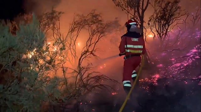Einsatzkräfte bekämpfen ein Feuer in der spanischen Gemeinde Orallo im Nordwesten des Landes.