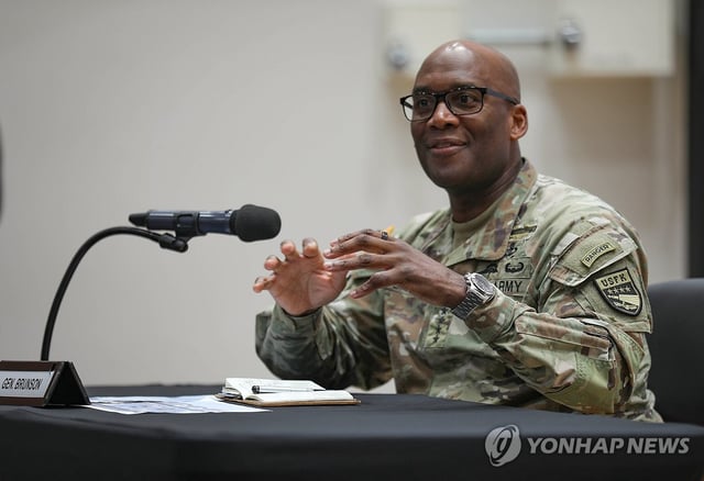 Gen. Xavier Brunson, commander of the U.S. Forces Korea, speaks to reporters during a press conference at Camp Humphreys in Pyeongtaek, some 60 kilometers south of Seoul, on Aug. 8, 2025, in this photo provided by his office. (PHOTO NOT FOR SALE) (Yonhap)