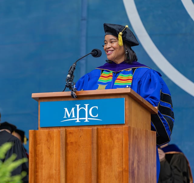 Mount Holyoke College President Danielle Holley speaking at a campus event on April 5.