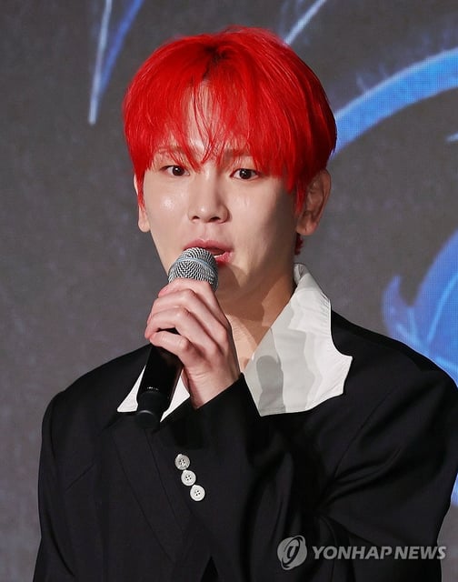 SHINee's Key speaks during a press conference to mark the release of his third solo full-length album, "Hunter," at a Seoul hotel on Aug. 11, 2025. (PHOTO NOT FOR SALE) (Yonhap)