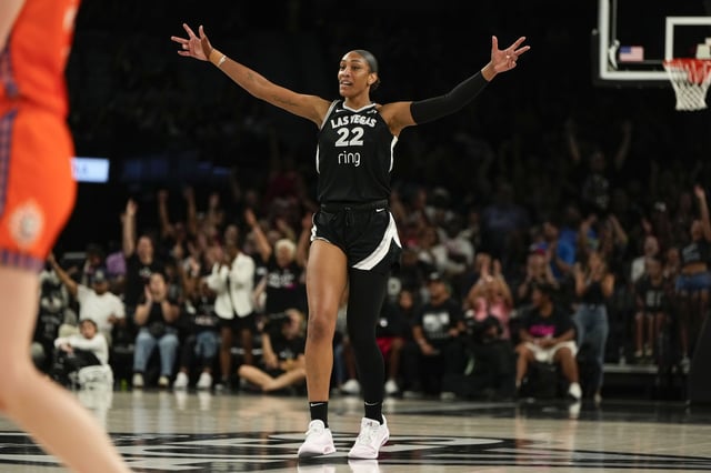 Las Vegas Aces center A'ja Wilson reacts during the second half of a WNBA basketball game against the Connecticut Sun at Michelob Ultra Arena in Las Vegas on August 10, 2025.