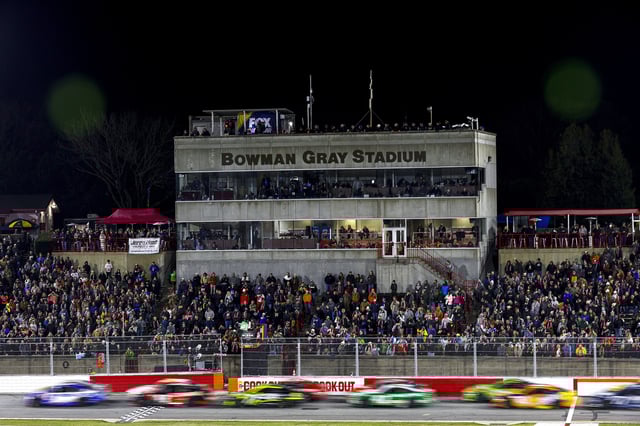 A general view of racing during the Last Chance Qualifier race for the Cook Out Clash at Bowman Gray Stadium on February 02, 2025 in Winston Salem, North Carolina.