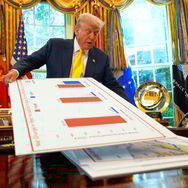 Donald Trump mit Diagrammen zum Arbeitsmarkt.