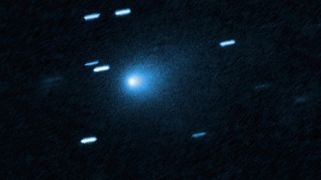 This image provided by NASA/European Space Agency shows an image captured by Hubble of the interstellar comet 3I/ATLAS on July 21, 2025, when the comet was 277 million miles from Earth. (NASA/European Space Agency via AP)