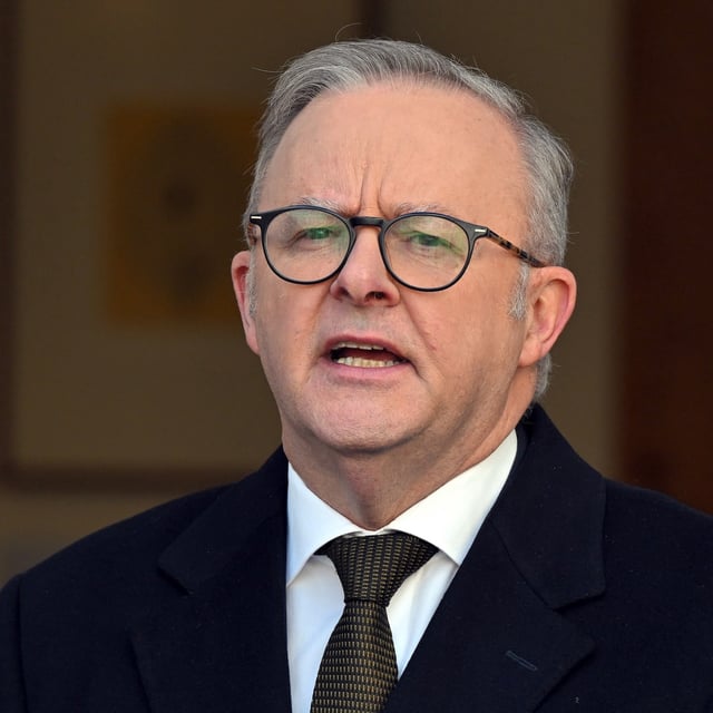 Australian Prime Minister Anthony Albanese announces that Australia will recognize a Palestinian state at a press conference in Canberra, Monday, Aug. 11, 2025. (Mick Tsikas/AAP Image via AP)